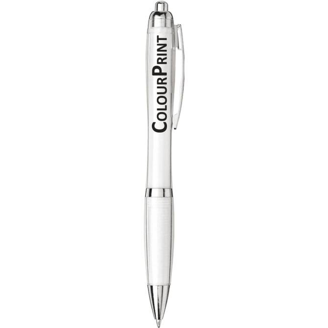A white ballpoint pen with a silver clip and a logo on the barrel.