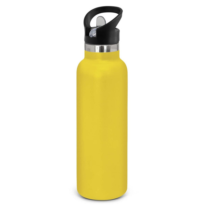 A drink bottle with a powder-coated yellow finish and a black lid featuring a handle.