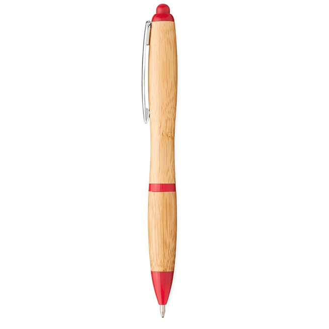A bamboo ballpoint pen with red accents and a silver clip, featuring a logo on the barrel.