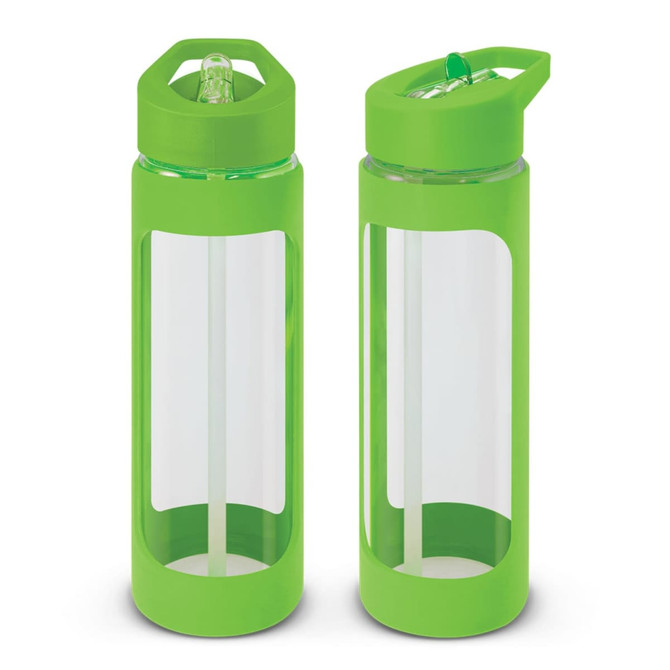 A drink bottle in vibrant green with a transparent body, featuring a sporty lid and built-in straw.