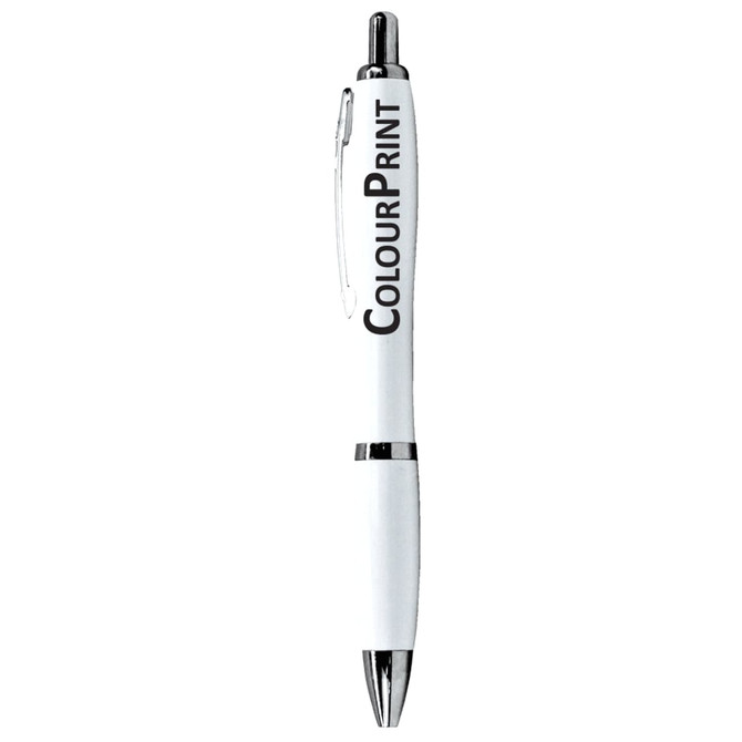 A white ballpoint pen with a silver tip and a clip, featuring a logo along the barrel.