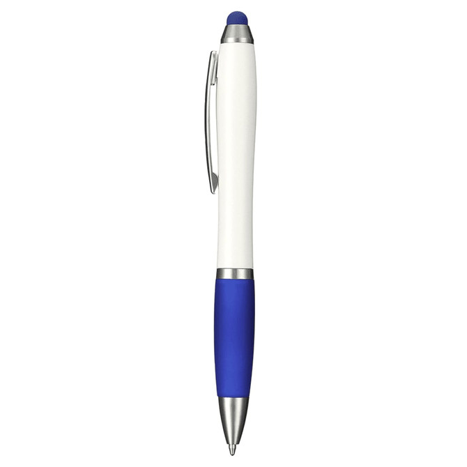 A pen and stylus in white and blue, featuring a silver clip and a textured grip. It includes a logo.