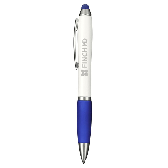 A blue and white antibacterial pen with a stylus tip and a silver clip, featuring a logo.