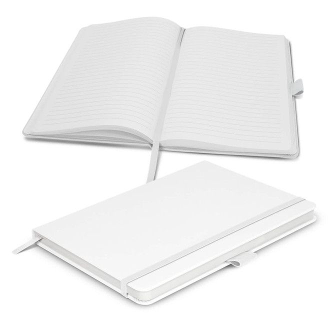 A white notebook with lined pages, featuring a ribbon marker and a cover with an embossed logo.