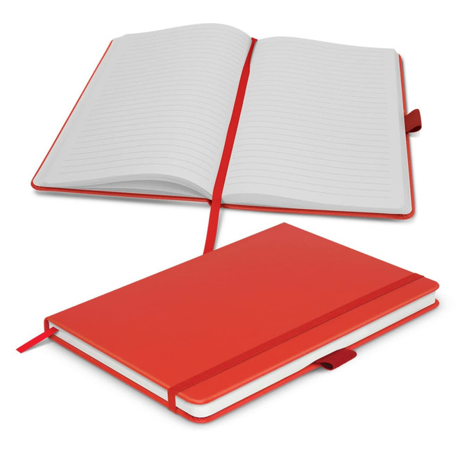 A red notebook with lined pages, featuring an elastic band closure and a bookmark ribbon. Includes a branding logo.