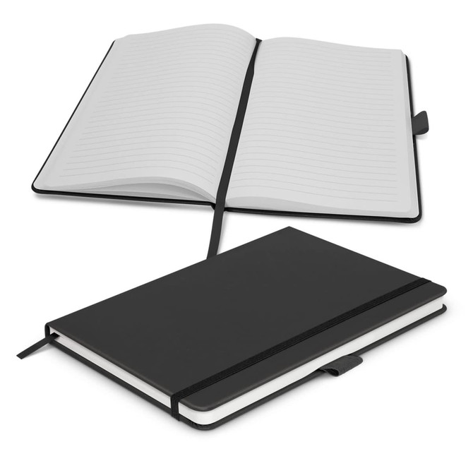 A black notebook with lined pages, featuring a ribbon bookmark and an elastic closure. It has a simple design.