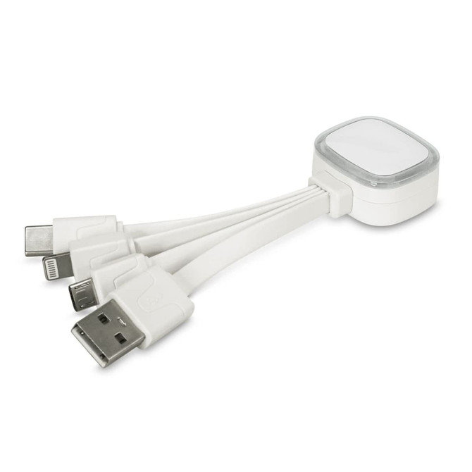 A white Zodiac Charging Cable with multiple connectors including USB, Lightning, and Micro USB. It features a logo.