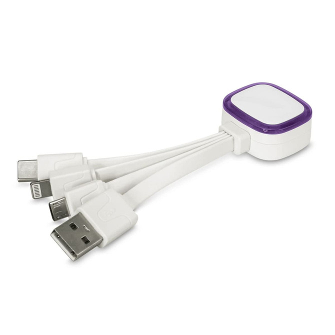 A white Zodiac charging cable with multiple connectors, featuring a purple accent and a branding logo.