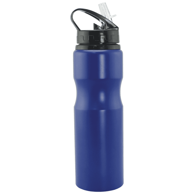A drink bottle in deep blue aluminium, featuring a black lid and a convenient spout, with a logo on the side.