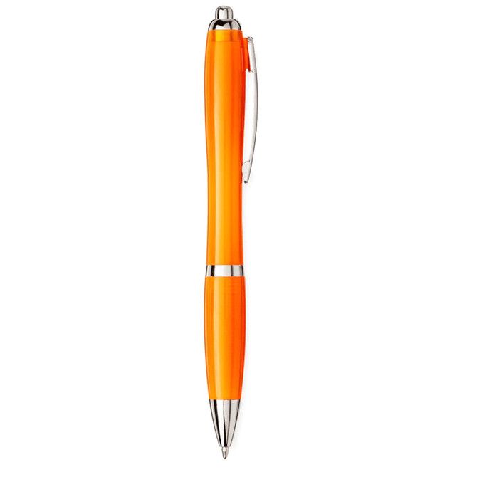 An orange ballpoint pen with silver accents and a clip, designed for writing with blue ink.