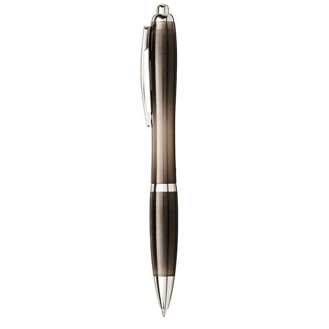 A ballpoint pen featuring a sleek design, a silver trim, and recycled materials. It uses blue ink.