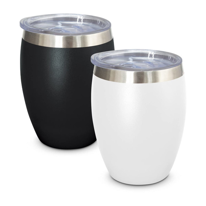A drink bottle duo featuring a black and a white vacuum cup with stainless steel rims and clear lids.