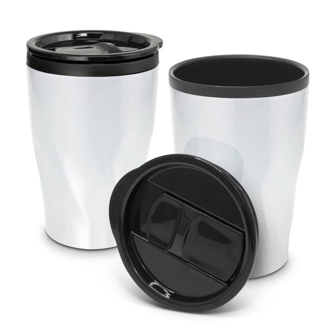 A silver coffee cup with a black lid, featuring a curved design and an inner compartment. It has a branding logo.