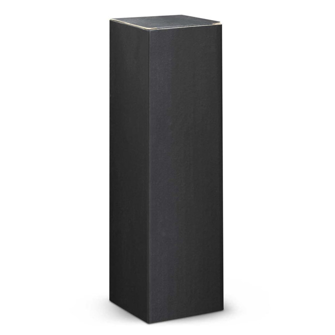 A drink bottle in a sleek black finish with a tall, cylindrical shape and a minimalist design. It has a logo.