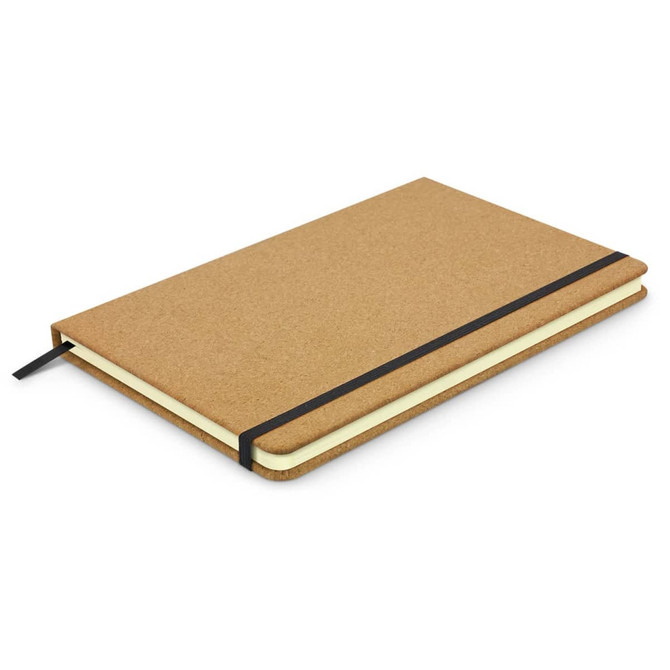 A cork notebook with a brown cover, featuring a black elastic band and yellow pages inside.