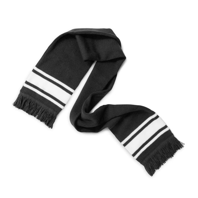 A black scarf with white stripes and fringing, designed as a stylish clothing accessory.