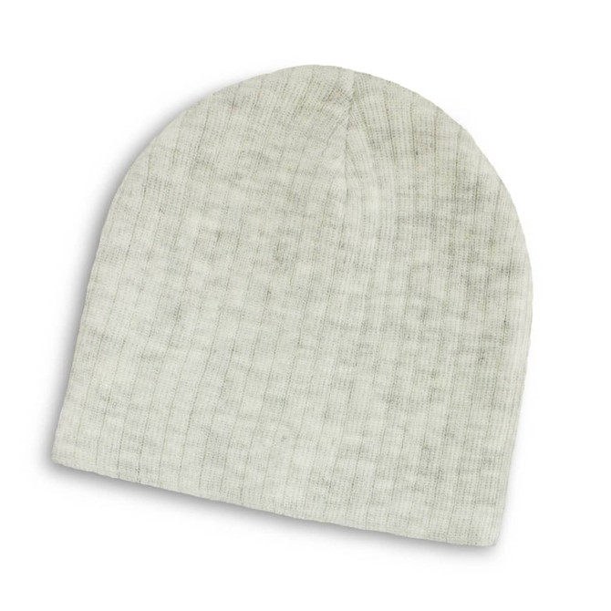 A grey cable knit beanie with a soft texture and a fitted design. It features a logo on the side.