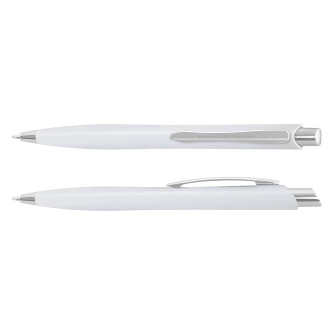 A white plastic pen with silver accents, featuring a sleek design and a clip on one side.