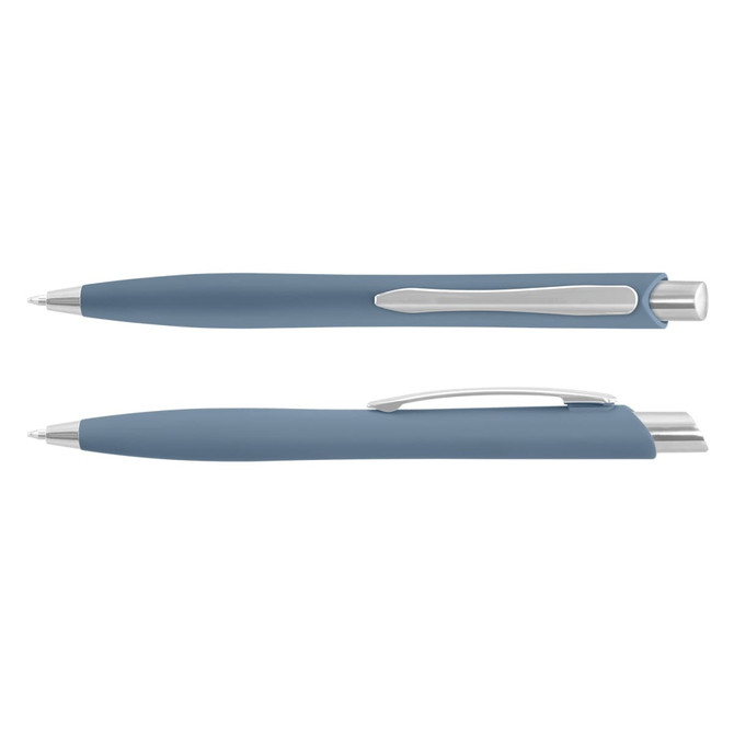 A set of blue plastic pens with a silver clip and tip, featuring a smooth finish and a logo.