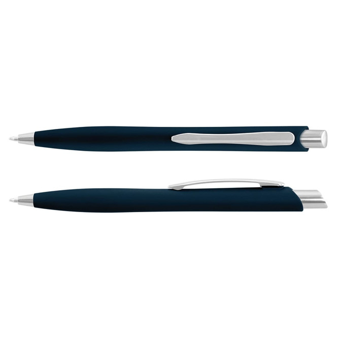 A navy plastic pen with a silver clip and tip, featuring a smooth grip. It has a simple design and a logo.