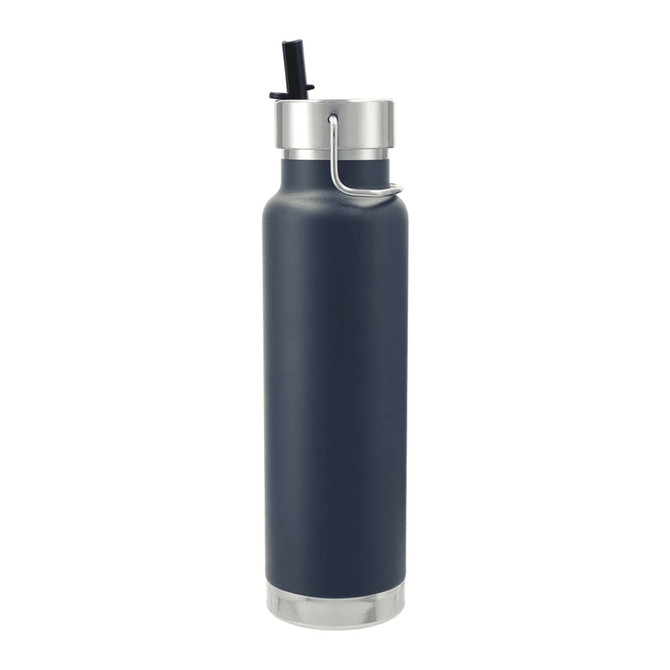 A drink bottle in navy blue with a stainless steel lid and straw, featuring a logo on the side.