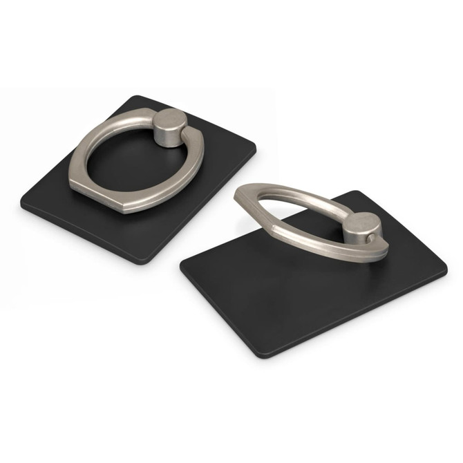 A black phone stand with a metallic grip ring attached, featuring a simple and functional design.