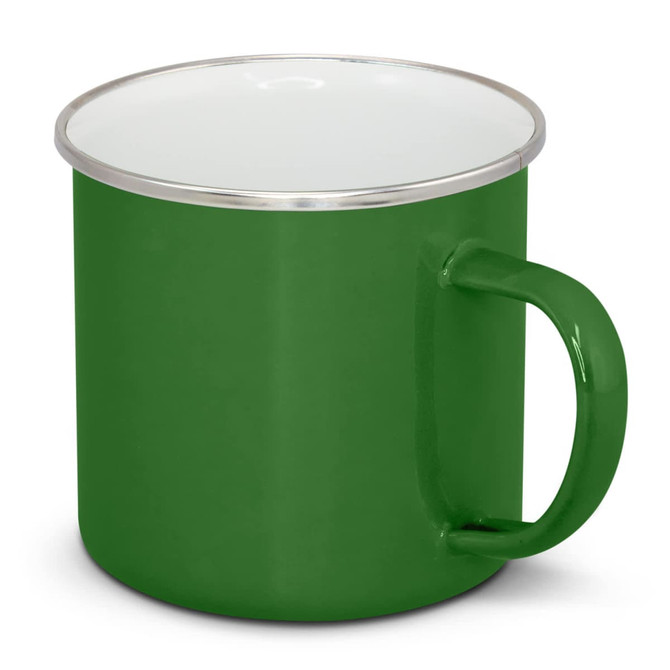 A green enamel mug with a silver rim and a sturdy handle, featuring a logo.