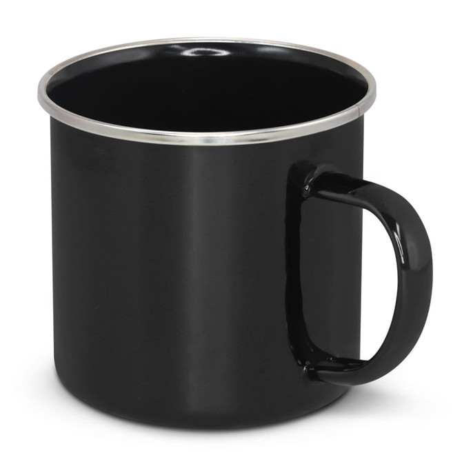 A black enamel mug with a silver rim and a sturdy handle. It features a logo on the side.