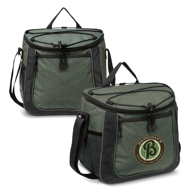 A green cooler bag with a zippered top, featuring a logo and a shoulder strap. It includes side mesh pockets.