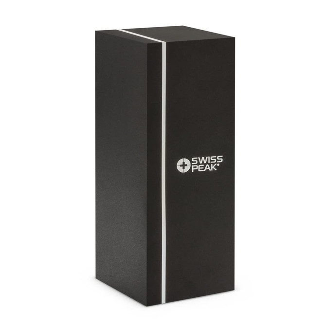 A sleek black gift box featuring a logo, designed to hold a promotional product.