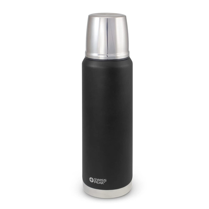 A drink bottle with a matte black finish and silver top, featuring a logo.