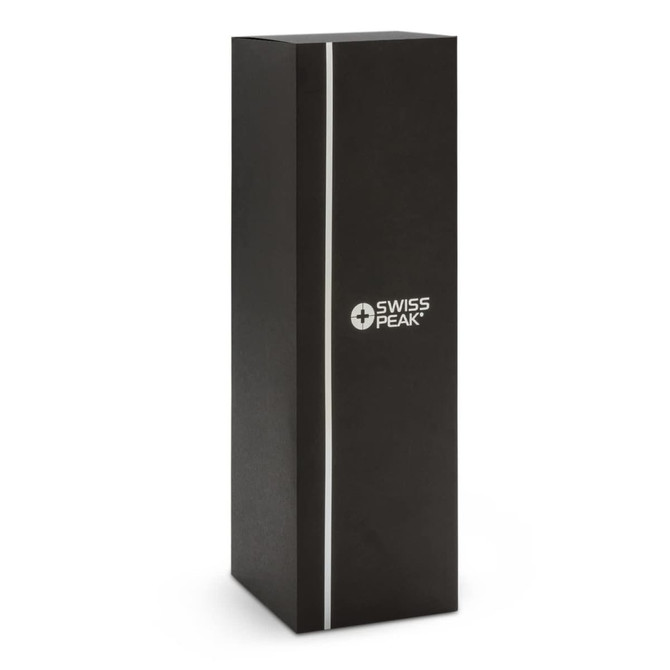 A black box with a vertical silver stripe and a logo on the front, designed for packaging the Swiss Peak Elite Copper Vacuum Flask.