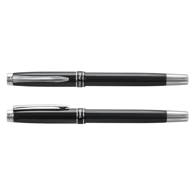 A sleek black metal rollerball pen with chrome accents, featuring a branded clip and a smooth finish.