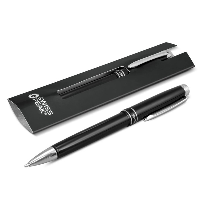 A black metal ballpoint pen with silver accents, presented in a sleek black packaging with a logo.