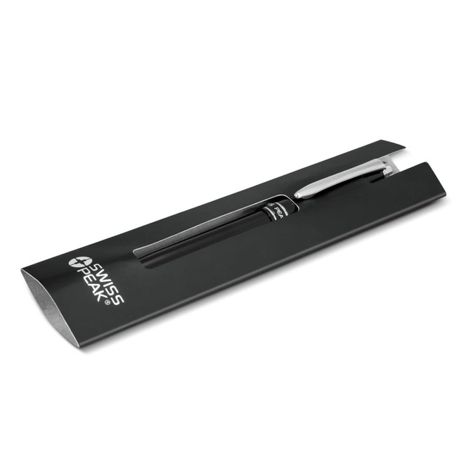A black metal ballpoint pen with a silver clip, presented in a sleek black packaging featuring a logo.