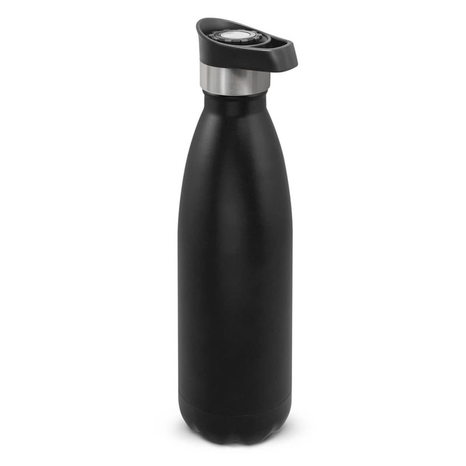 A drink bottle in matte black, featuring a stainless steel push button lid and a sleek design. Includes a logo.
