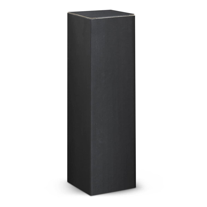 A black cardboard packaging box with a tall, rectangular shape and clean lines, featuring a subtle design.