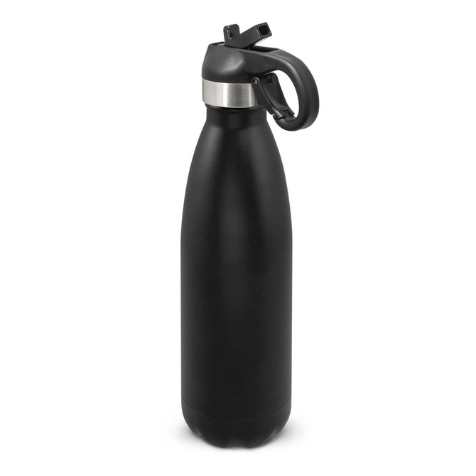 A drink bottle in matte black with a stainless steel lid and a flip-top spout, featuring a handle and logo.