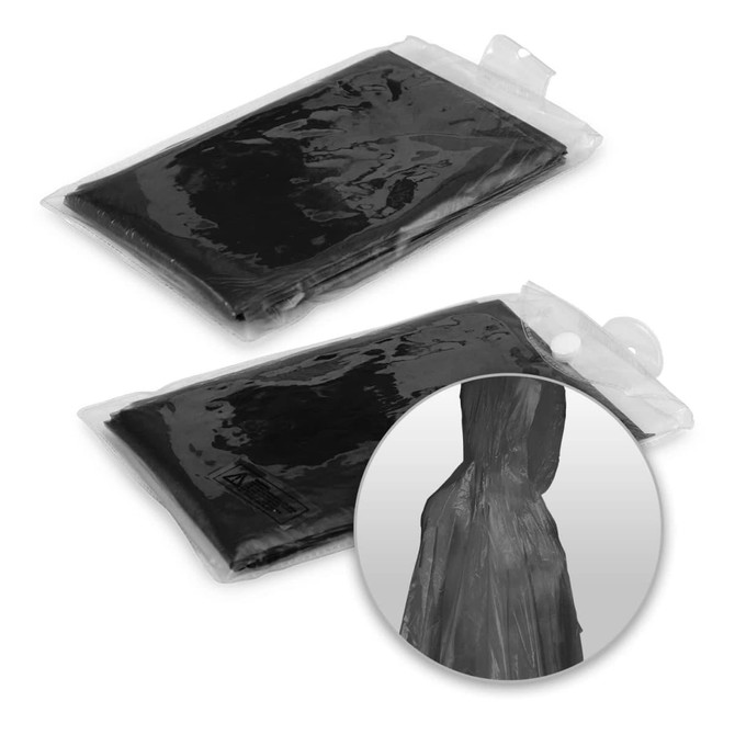 A folded black poncho packaged in clear plastic, featuring a round inset showing the poncho worn.