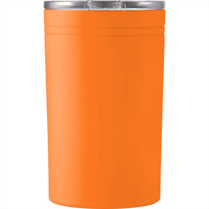 An orange Sherpa vacuum tumbler, 325ml capacity, featuring a silver lid and a simple design with a logo.