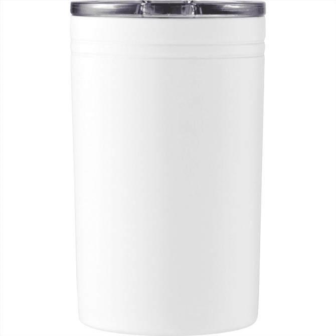 A drink bottle in white with a silver lid, featuring a logo on the side.