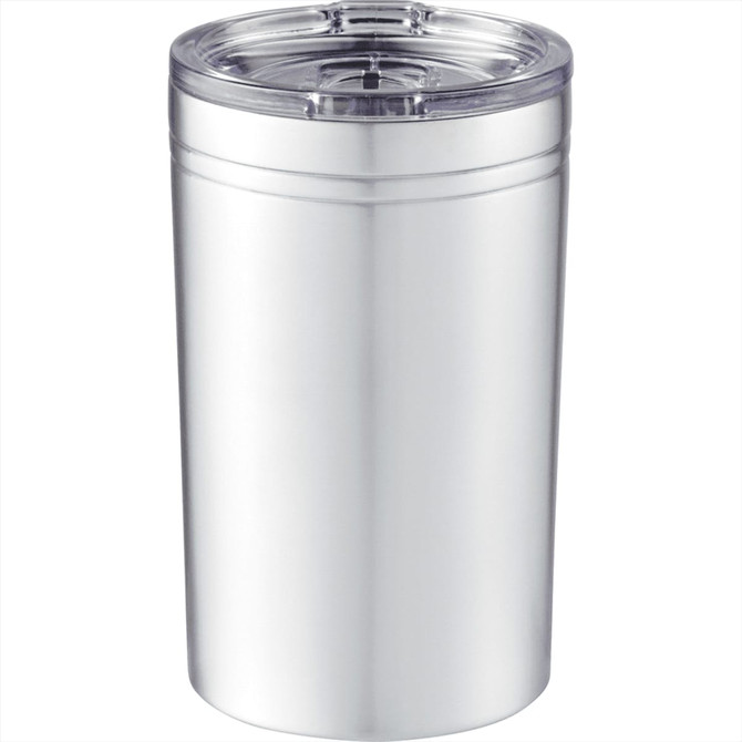 A drink bottle with a sleek silver design and a clear lid, featuring a logo. Ideal for hot and cold beverages.