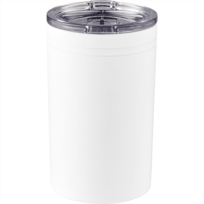 A drink bottle in white with a clear lid, designed as a vacuum tumbler for hot or cold beverages.