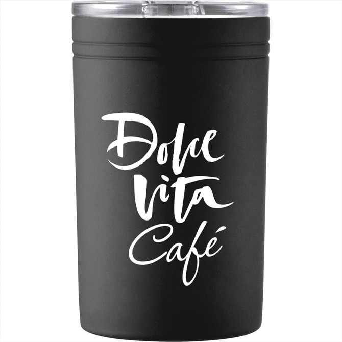 A drink bottle in matte black, featuring a clear lid and a logo on the front. Capacity: 325ml.