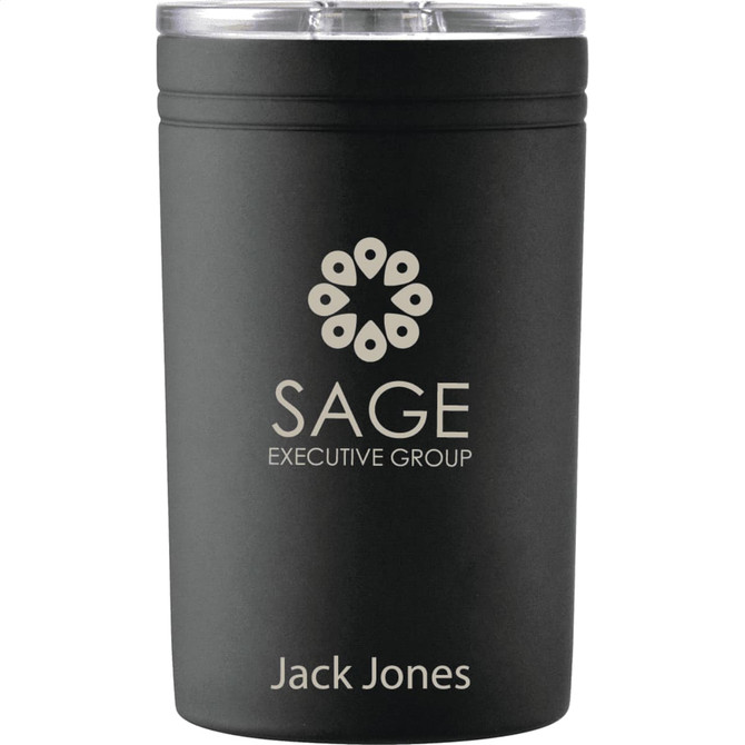 A drink bottle with a black matte finish, featuring a clear lid and a logo. It has a 325ml capacity.