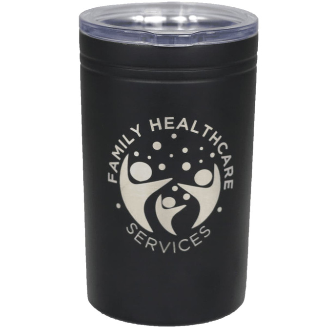 A drink bottle in black with a transparent lid and a logo on the front, suitable for hot or cold beverages.