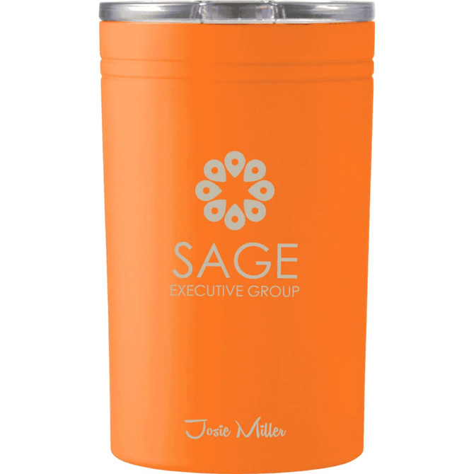 An orange thermos with a sleek design, featuring a clear lid and a logo on the front.