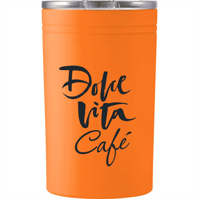 An orange vacuum tumbler with a silver lid, featuring a black logo on the front.