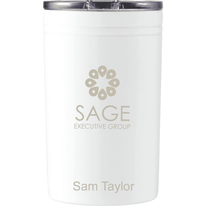 A drink bottle in white with a silver lid, featuring a logo and text on the body.