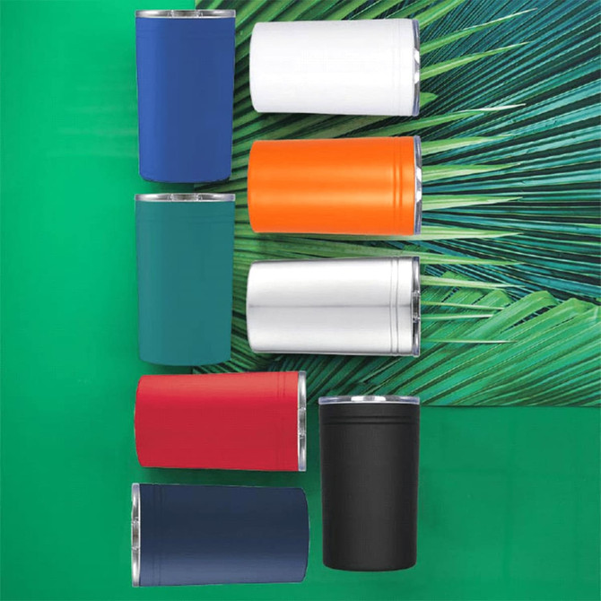 A drink bottle collection featuring blue, teal, white, orange, red, and black vacuum tumblers with stainless steel tops.